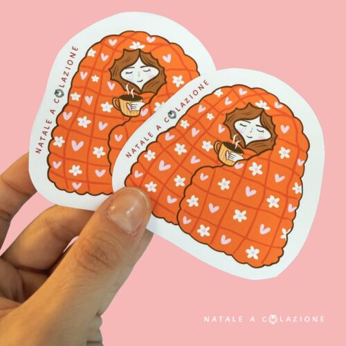 sticker cozy lucina illustrato natale a colazione ragazza con coperta e tazza